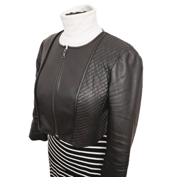Vegan Leather Crop Biker Jacket Sz Lg Black Lined Quilted Zipped BCBGMAXAZRIA - Picture 4 of 13